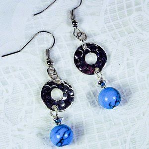 Cynthia Lynn "SANTA FE" Blue Turquoise Howlite Hammered Silver Drop Earrings 1.5